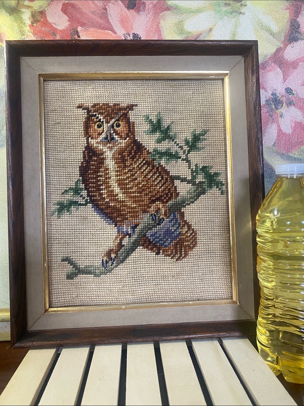 Vintage Framed Needlepoint Great Horned Owl - Picture 3 of 7